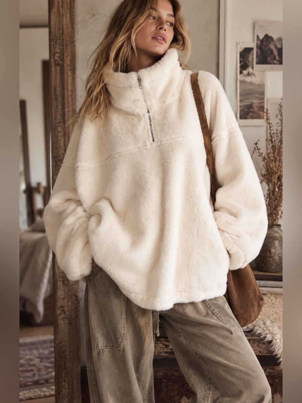 FP Movement Free People Ivory Fluffy Fleece Half Zip Pullover L NWT $198